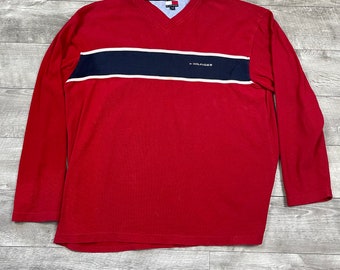 Vintage Tommy Hilfiger Red V-neck Pullover Sweater Men’s Size XL - A2