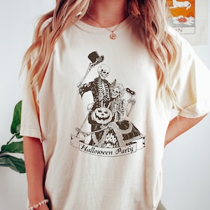 Halloween Party Vintage Skeleton T-Shirt - halloween graphic tee for women, halloween skeletons shirt, spooky skeletons tshirt, spooky szn