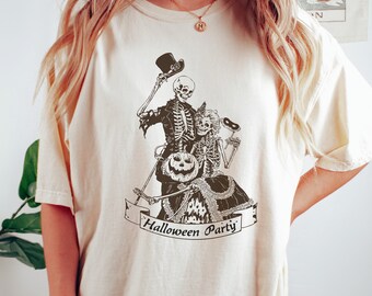 Halloween Party Vintage Skeleton T-Shirt - halloween graphic tee for women, halloween skeletons shirt, spooky skeletons tshirt, spooky szn