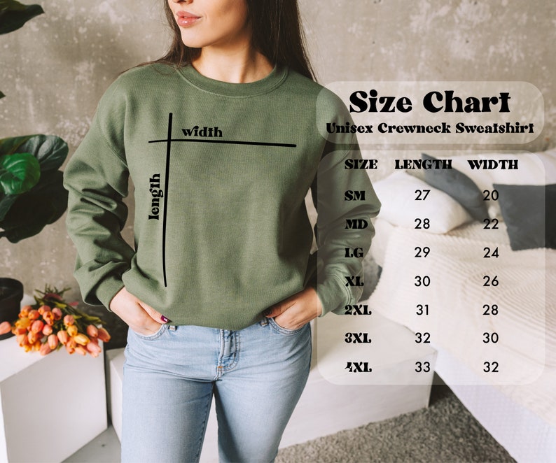 May include: Size chart for a unisex crewneck sweatshirt. The chart shows the size, length in inches, and width in inches. Sizes include: Small, Medium, Large, Extra Large, 2XL, 3XL, and 4XL.