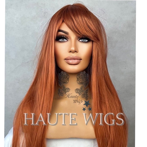 AUBURN Copper Wig With Bangs / Fringe Long Deep Golden Ginger Brown Layered Silky Straight Ladies Womens Wigs No Lace Front
