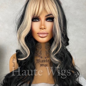 Domineer 24 inch Darkest Black & Blonde Fringe Money Piece Wig Streaks Highlights hair gorgeous Gift Role Play or Everyday Haute wigs