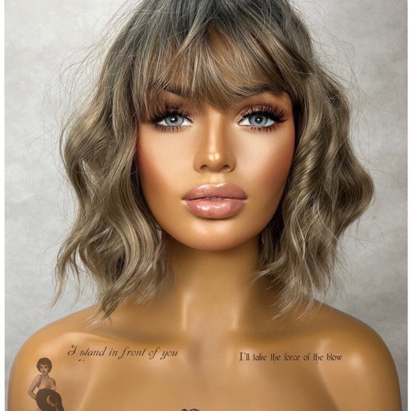 Coy Girl - Ombre Ash Blonde Platinum Silver BOB Wig W Bangs Fringe Short Wavy NO Lace Front Wigs Gift For Her Dark Roots Ladies