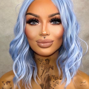 Icy Baby Sky Blue 107 -  12 inch Curly Wavy Light Blue Wig no lace front Synthetic Wig Ladies Womens vegan friendly cute costume haute Wigs