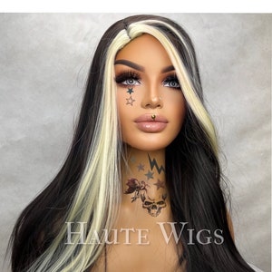 Getaway 22 inch Dark Brown Black & Blonde Money Piece Wig Streaks Highlights Hair emo Gift for her goth Role Play or Everyday Haute wigs