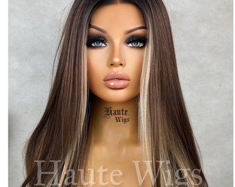 Iconic - 90s Inspired Money Piece Brunette Brown Wig Blonde Highlights Hair Lace Front Straight Blonde Streaks Human Hair Blends