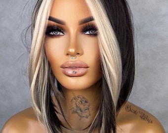 SmackDown 14 inch Dark Brown Black & Blonde Money Piece Wig Streaks Highlights Hair emo Gift for her goth Role Play or Everyday Haute wigs