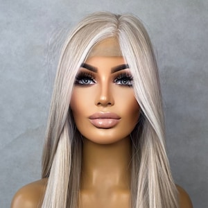 Ash Blonde White Balayage Highlights streaks 28 Inch Long Wig Straight Center Parting Low Density Lace Front Womens Haute Wigs