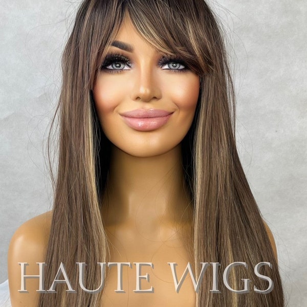 30 Inch Long Coffee Brunette Brown With Blonde Streaks Low Lights Womens Wig Hair Fringe / Bangs Straight ombre Synthetic Hair Amazing Feel
