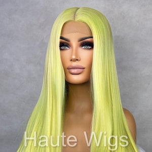 XXXL 40 Inch Lemon Neon Green Yellow RARE Wig Lace Front Long Straight Human Hair Blends Wigs Ladies Eye Catching