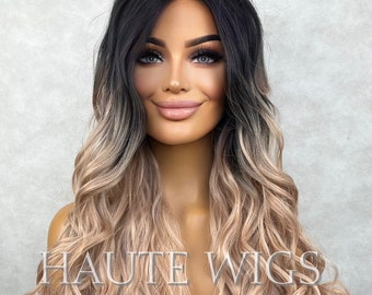 Rose Gold Light Pink Blonde Ombre Long 42 Inches Lace Front Human Hair Womens Wig Ladies Wavy Curly Luxury Baby Hairs Center Parting