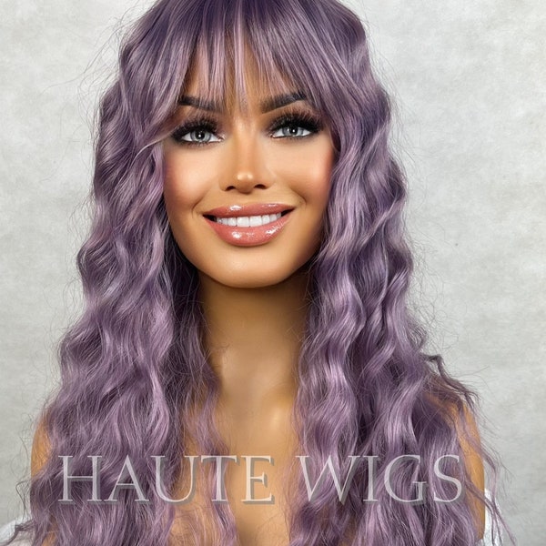 Unicorn Hair Lilac Light Purple Violet Wig Long Wavy Layered With Bangs Fringe Haute Wigs Ladies Womens Wigs Gift For Her Human Hair Blends