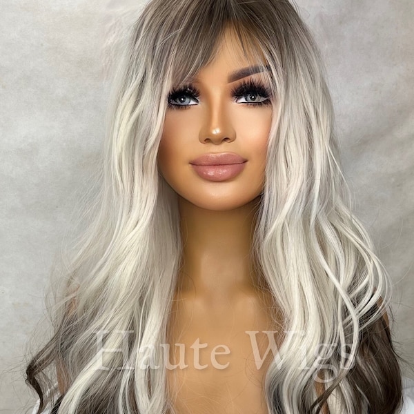 Ruffle -  Womens Ash Blonde to Brown Ombré Wig Dip dye Streaks highlights Bangs / Fringe Layered No Lace Front realistic haute Wigs 26 inch