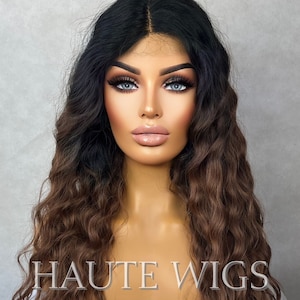 28 Inch Brown W. Red tones Ombré Curly Wavy Water Waves Wig Lace Front Perm Human Hair Blends Gift For Her Realistic Ladies Womens