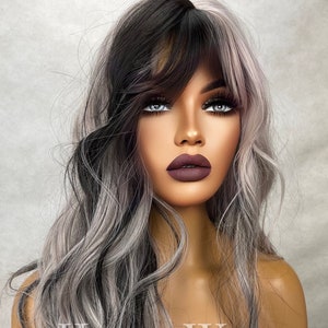 Corpse Bride 24 inch Half Black & Platinum Silver Wig Hair Fringe Bangs Wavy gothic Gift for her Role Play or Everyday Haute wigs emo goth