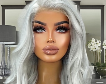 Charismatic -  Free part wavy Platinum White Silver Ash Blonde Wig Womens HD Lace Front Realistic Human Hair Blend gift