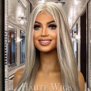 Risky bombshell - 30 inch COOL Tone Ash Blonde Wig white highlights Long Wig Lace Front Realistic Human Hair Blends Straight Ladies Wig Gift