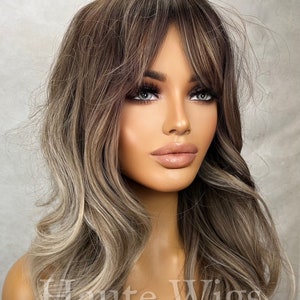 Sacramento - Wavy 22 Inch Ash Blonde Cool Toned Dirty Ombre Brown Wig With Fringe Bangs Center Parting Curly Hair Wigs Gift