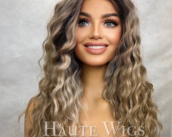 Waves don’t lie - Wig Dark Roots Ash Blonde Ombre Balayage Curly Lace Front Wavy Human Hair Blends Wigs Gift For Her
