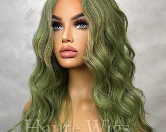 Envy - Peruka z włosów Moss Medium Green, 24 cale, długa, falowana, bez koronki z przodu, damska, codzienny prezent dla niej, peruka haute, odgrywanie ról