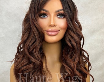 GLAM 26 inch Long Wavy Balayage Dark Brown Auburn Brunette Ombre Wig Wavy Bangs Womens Ladies Curly Lace Front Fake Scalp