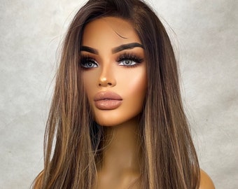 Free Part BROWN Brunette Wig With Light Highlights Lowlights Streaks Long Straight Womens Wig Human Hair Blends Lace Front Realistic Amazing