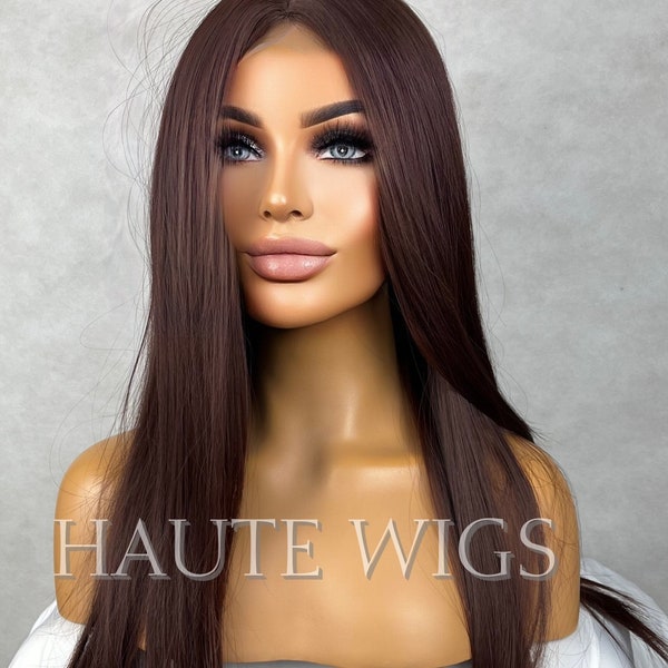 28 Inches Long Layered Red Toned Deep Chocolate Brown Brunette Wig Lace Front Hair Gift For Her Feels Like Human Hair
