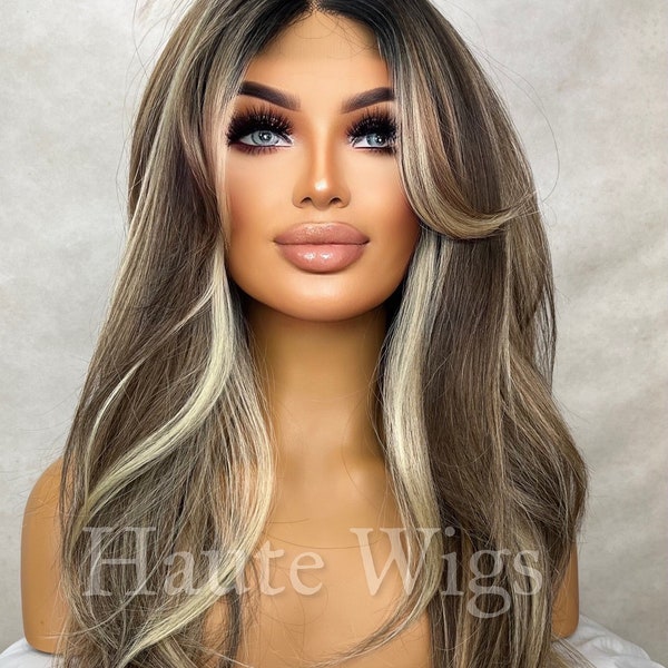 Perfect 10 - Straight Money Piece Brunette Brown Wig Ash Blonde Highlights Hair Lace Front Straight Blonde Streaks Human Hair Blends