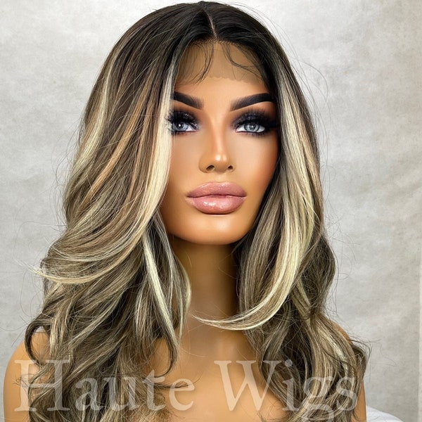 Wicked Game - Wavy Money Piece Brunette Brown Wig Ash Blonde Highlights Hair Lace Front Straight Blonde Streaks Human Hair Blends