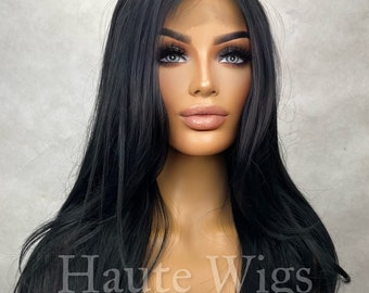 Euphoria - 28 Inch Jet Black Wig layered Cut Style Straight Wig Lace Front Human Hair Blends Gift For Her Realistic Ladies Womens Wig