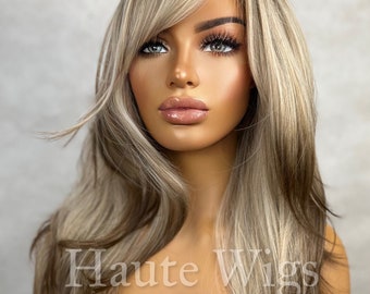 Chiffon -  Womens Honey Blonde to Brown Ombré Wig Dip dye Streaks highlights Bangs / Fringe Layered No Lace Front realistic haute Wigs gift