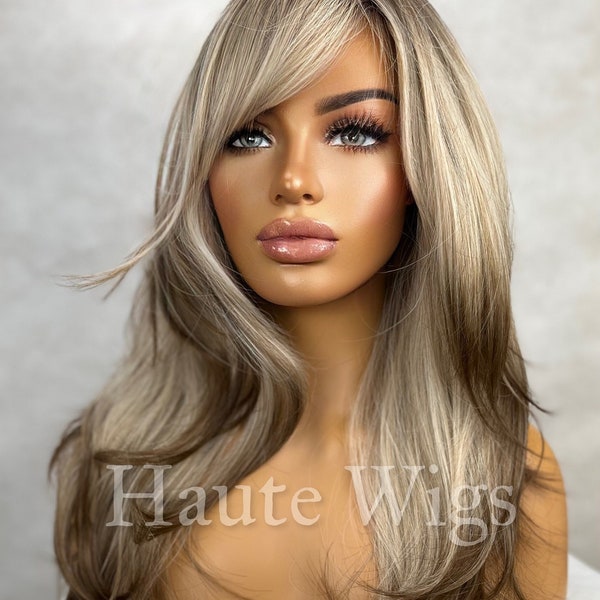 Chiffon -  Womens Honey Blonde to Brown Ombré Wig Dip dye Streaks highlights Bangs / Fringe Layered No Lace Front realistic haute Wigs gift