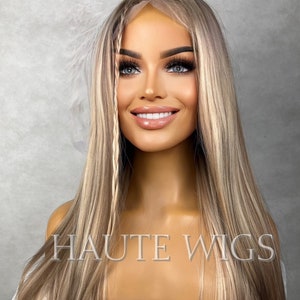 22 Inch Long Sexy Blonde Brown Wig Balayage Highlights Lowlights Womens Hair Lace Front Layered Christina Aguilera Dirrty inspired straight