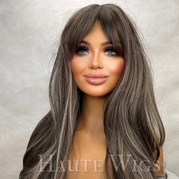 Boudoir - Darkest Brown & Sunkissed Light Blonde white Highlights Streaks Balayage with Bangs Fringe Layered NO Lace Front Straight Layered