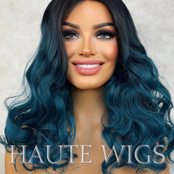 14 Inch Ombre Turquoise Teal Dark Sea Aqua Blue Green Wig Long Wavy Curly NO Lace Front Human Hair Blends Wig Dark Roots Ladies Womens Wigs