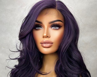 Distinctive - Dark Purple Deep Violet Wig Long Wavy T parting HD Lace Front Human Hair Blends Wig Gift for her Ladies Womens Wigs