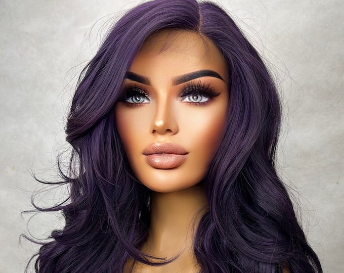 Distinctive Dark Purple Deep Violet Wig Long Wavy T Parting Etsy