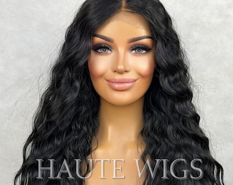 28 Inch Jet Black Water Wave Wig: Lace Front Human Hair Blend