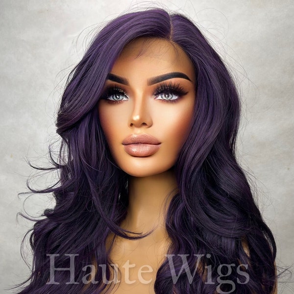 Distinctive - Dark Purple Deep Violet Wig Long Wavy T parting HD Lace Front Human Hair Blends Wig Gift for her Ladies Womens Wigs