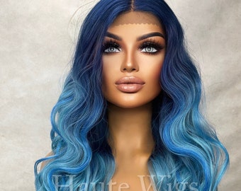 Caribbean Blue - Ombre Wavy Dark Sea Aqua Blue Wig Lace Front Free Part Human Hair Blends Wig Ladies Womens Center Parting Curly Wig