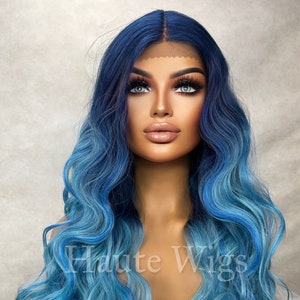 Caribbean Blue Ombre Wavy Dark Sea Aqua Blue Wig Lace Front Free