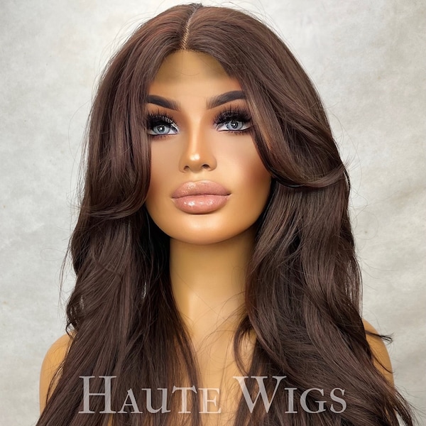 Haute - 90s Inspired Layered Hair Wig Dark warm Brown Red tones With side Bangs / Fringe Straight Lace Front human Wigs Gift for her