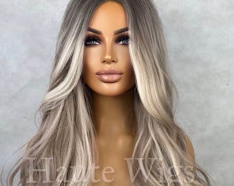 Beverly Hills Ash Brown Blonde Highlights White Balayage streaks 26 Inch Long womens Wig Straight Center Parting NO Lace Front Gift for her