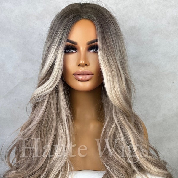 Beverly Hills Ash Brown Blonde Highlights White Balayage streaks 26 Inch Long womens Wig Straight Center Parting NO Lace Front Gift for her