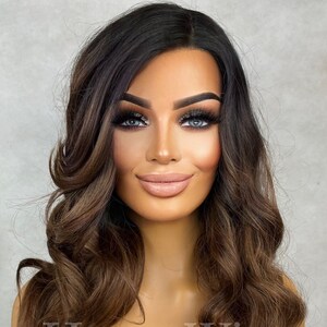 City Of Angels - 20 Inch Long Womens Wig Deep Brown Hollywood Waves Curly Side Parting Lace Front Wavy Human Hair Blends Haute Wigs