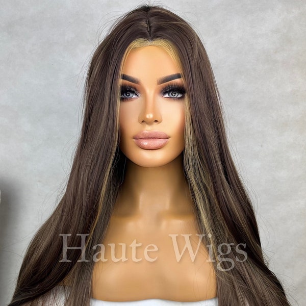 Knightsbridge 26 Inch Long Wig Realistic Brown Brunette Ombre Golden Blonde Highlights Streaks Balayage Straight Small Lace Front Haute Wigs