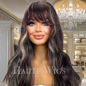 Bliss - Darkest Brown & Sunkissed Light Blonde white Highlights Streaks Balayage with Bangs Fringe Layered NO Lace Front wavy Layered