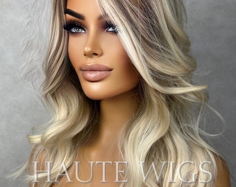 Ash Blonde Brown Balayage Highlights streaks 16 Inch Bob Wig Wavy Side Parting NO Lace Front Womens Wig Short gift for her