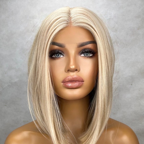 Supreme - Blonde Balayage Highlights BOB streaks 14 inch Wig Straight Center Parting Low Density Lace Front Haute wigs gift for her