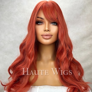 Burnt Orange Copper Wig With Bangs / Fringe Long Deep Ginger Layered Silky Straight wavy Ladies Womens Wigs No Lace Front